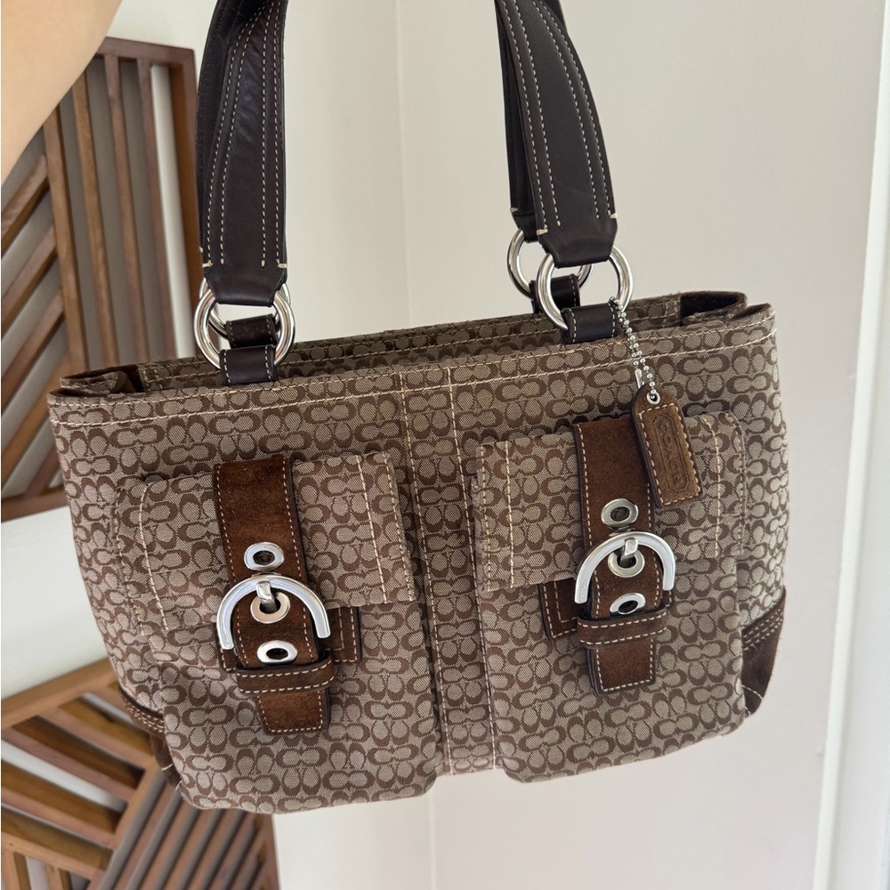 Coach Brown Signature Canvas Shoulder Bag with Dark Brown Leather Trim